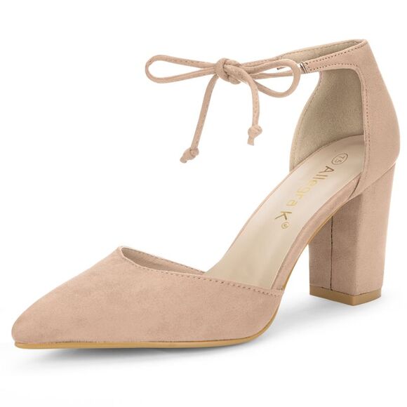 Ankle Tie Chunky Heel Pointed Toe Dress Pumps Nude - Picture 1 of 6
